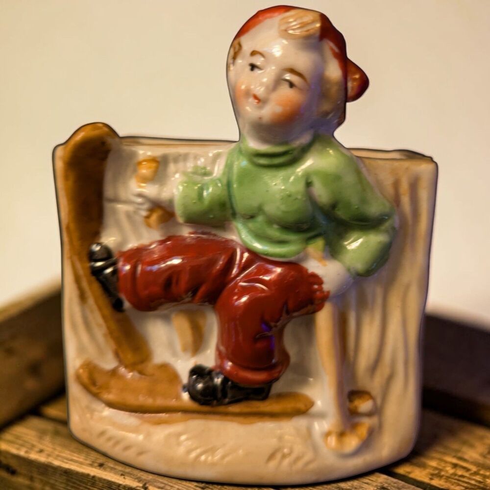 Ceramic Toothpick Holder Boy with Skis Made In Occupied Japan Vintage 3.5"